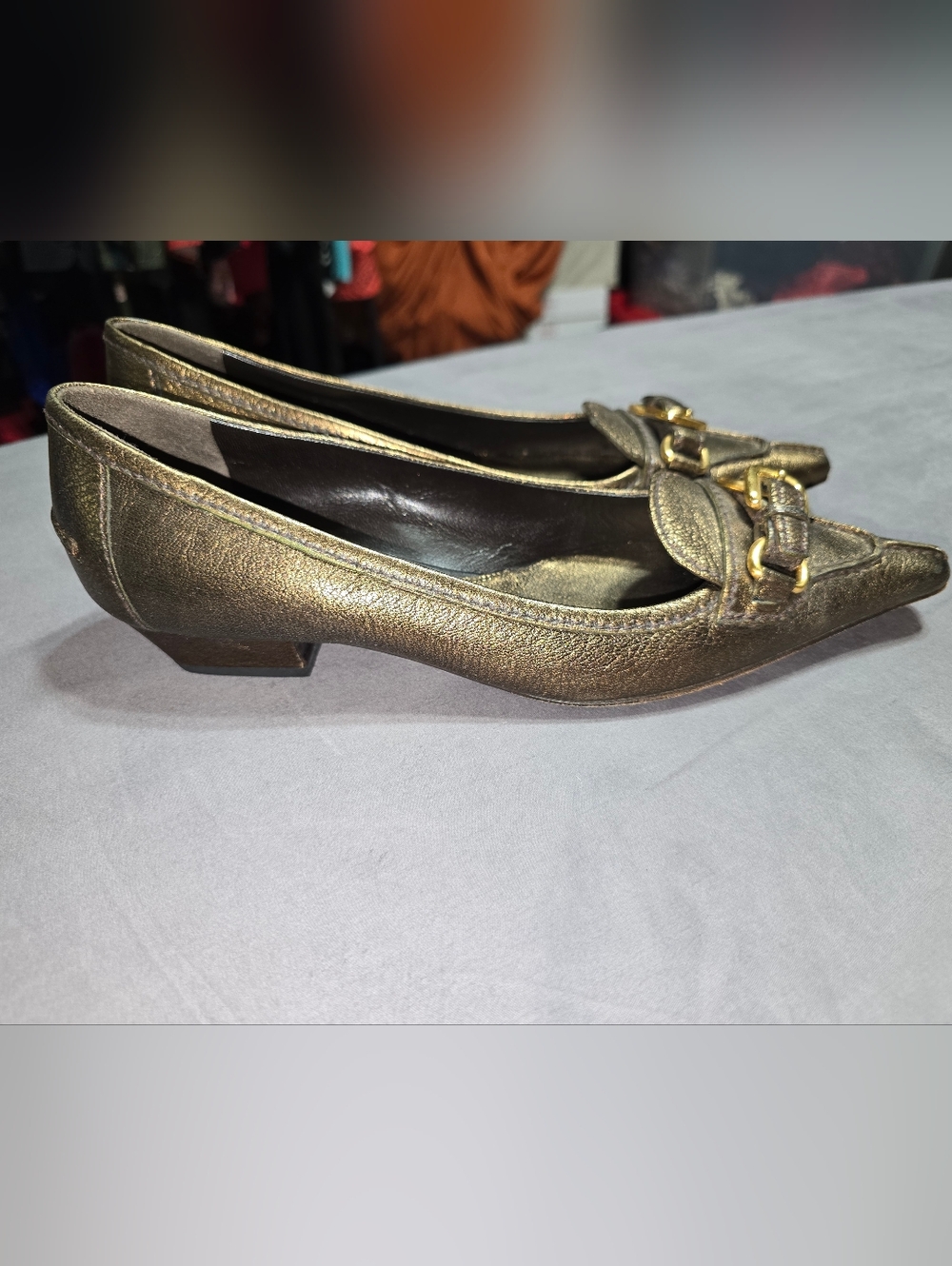 Prada Metallic Gold Pointed Toe Kitten Block Heel With Buckle Accent Size 38 - Picture 4 of 9